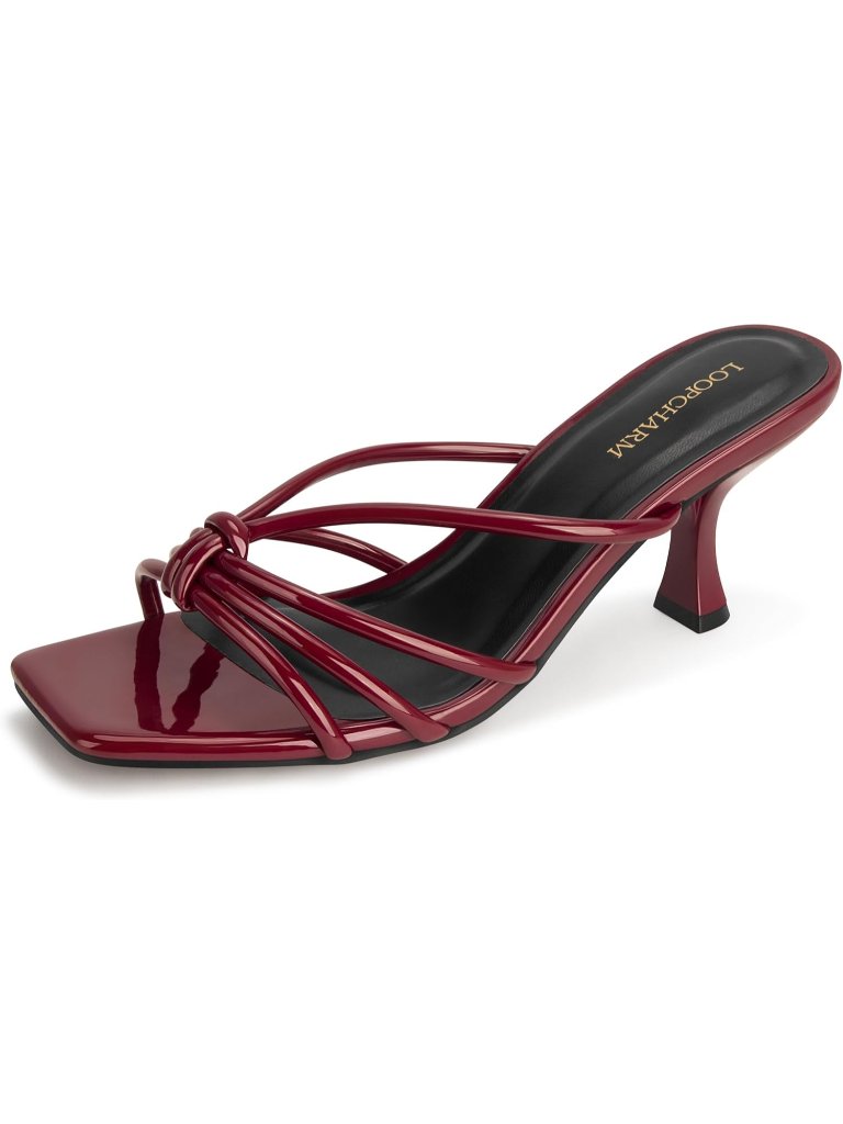 Women's Burgundy Pu Strappy Square Open Toe Kitten Heels Sandals Knotted Design